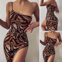 Sexy One-shoulder Slit Hem Leopard Printed Sling Dress