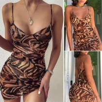 Sexy Backless V-neck Leopard Printed Slim Fit Sling Dress