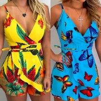 Sexy Backless V-neck High Waist Printed Sling Romper