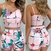 Sexy Backless V-neck Printed Sling Crop Top + Shorts Two-piece Set(The size runs big)