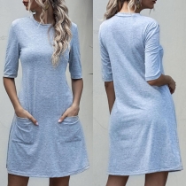 Fashion Solid Color Half Sleeve Round Neck Front-pocket Dress