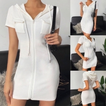 Fashion Solid Color Short Sleeve Hooded Slim Fit Dress (Size runs small)