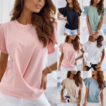 Fashion Solid Color Lotus Sleeve Round Neck Top