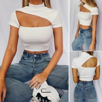 Sexy Hollow Out Short Sleeve Mock Neck Solid Color Crop Top