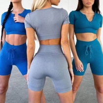 Sexy Short Sleeve Round Neck Crop Top + Shorts Sports Set