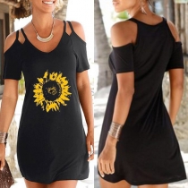 Sexy Off-shoulder Short Sleeve V-neck Sunflower Printed Dress