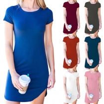 Simple Style Solid Color Short Sleeve Round Neck Slim Fit Dress