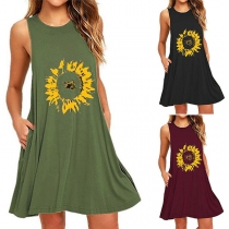 Fashion Sleeveless Round Neck Sunflower Printed Dress