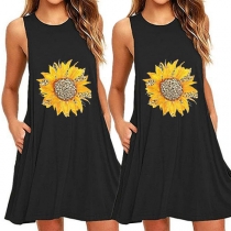 Casual Style Sleeveless Round Neck Sunflower Printed Dress