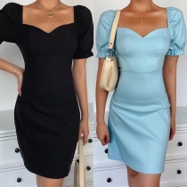 Elegant Solid Color Puff Sleeve Square Collar Slim Fit Dress
