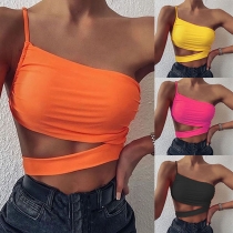 Sexy One-shoulder Hollow Out Hem Solid Color Sling Crop Top