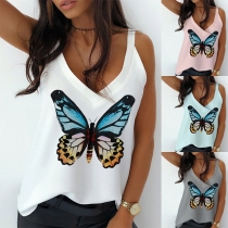Fashion Butterfly Printed V-neck Sling Top