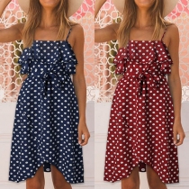Sexy Backless Irregular Hem Dots Printed Ruffle Sling Dress