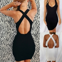 Sexy Crossover Backless Sleeveless V-neck Solid Color Slim Fit Dress