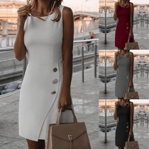 Elegant Solid Color Sleeveless Round Neck Front-button Dress