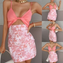 Sexy Backless V-neck Sling Crop Top + High Waist Printed Skirt Two-piece Set