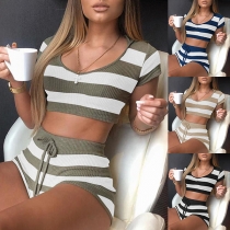 Sexy Short Sleeve Hooded Striped Crop Top + Shorts Two-piece Set