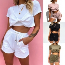 Sexy Short Sleeve Twisted T-shirt + Shorts two-piece Set