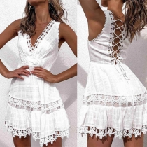 Sexy Backless V-neck Lace Spliced Sleeveless Dress