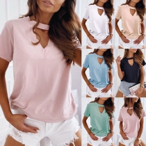Fashion Hollow Out V-neck Short Sleeve Solid Color T-shirt