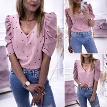 Fashion Puff Sleeve V-neck Dots Printed Top