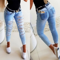 Fashion High Waist Slim Fit Lace Spliced Ripped Jeans
