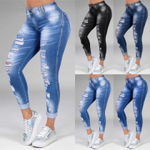 Fashion High Waist Slim Fit Lace Spliced Ripped Jeans