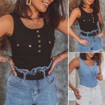 Simple Style Solid Color Sleeveless Round Neck Button Tank Top