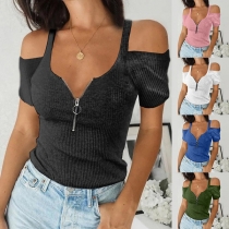 Sexy Off-shoulder Short Sleeve Round Neck Solid Color Slim Fit T-shirt