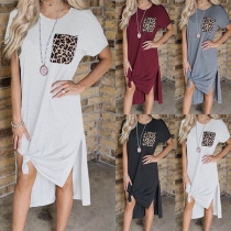 Fashion Leopard Spliced Short Sleeve Round Neck Slit Hem Dress
