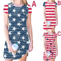 Fashion Star Printed Short Sleeve Round Neck Striped Dress
