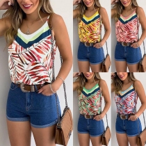 Sexy Backless V-neck Leaf Printed Sling Top