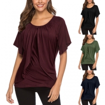 Fashion Solid Color Short Sleeve Round Neck Ruffle T-shirt