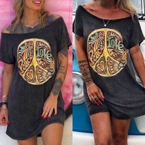 Chic Style Short Sleeve Boat Neck Printed T-shirt Dress