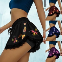 Fashion Lace Spliced Hem High Waist Butterfly Printed Shorts