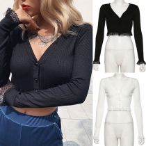 Sexy Lace Spliced Hem Long Sleeve V-neck Solid Color Crop Top