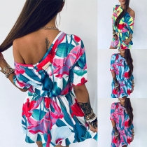 Fashion Short Sleeve Round Neck Colorful Printed Dress