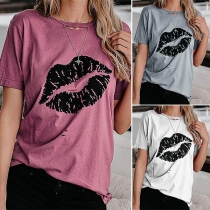 Fashion Lip Pattern Short Sleeve Round Neck Ripped T-shirt