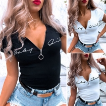 Fashion Short Sleeve Round Neck Letters Embroidery T-shirt