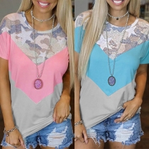 Fashion Camouflage Spliced Short Sleeve Round Neck Contrast Color T-shirt