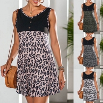 Fashion Leopard Printed Spliced Sleeveless V-neck Dress
