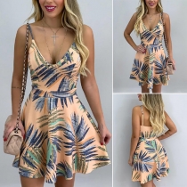 Sexy Backless V-neck High Waist Printed Sling Dress