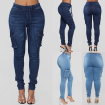 Fashion Elastic Waist Side-pocket Slim Fit Jeans