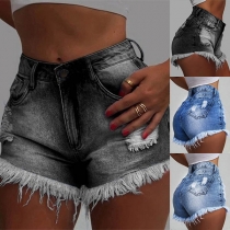 Fashion Middle-waist Frayed Hem Ripped Denim Shorts