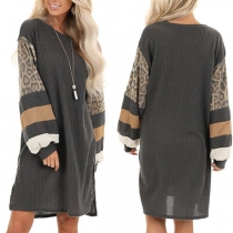 Fashion Leopard Spliced Lantern Sleeve Round Neck Slit Hem Dress