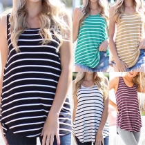 Casual Style Sleeveless Round Neck Arc Hem Striped Top