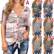 Fashion Short Sleeve V-neck Knotted Hem Printed T-shirt