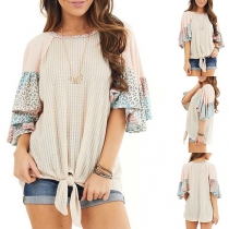 Sweet Style Leopard Spliced Lotus Sleeve Knotted Hem T-shirt