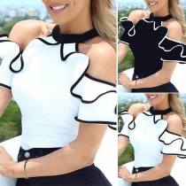 Sexy Off-shoulder Short Sleeve Contrast Color Ruffle Halter Top