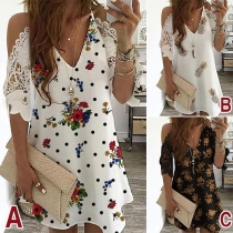 Sexy Off-shoulder Lace Spliced Short Sleeve V-neck Printed Dress